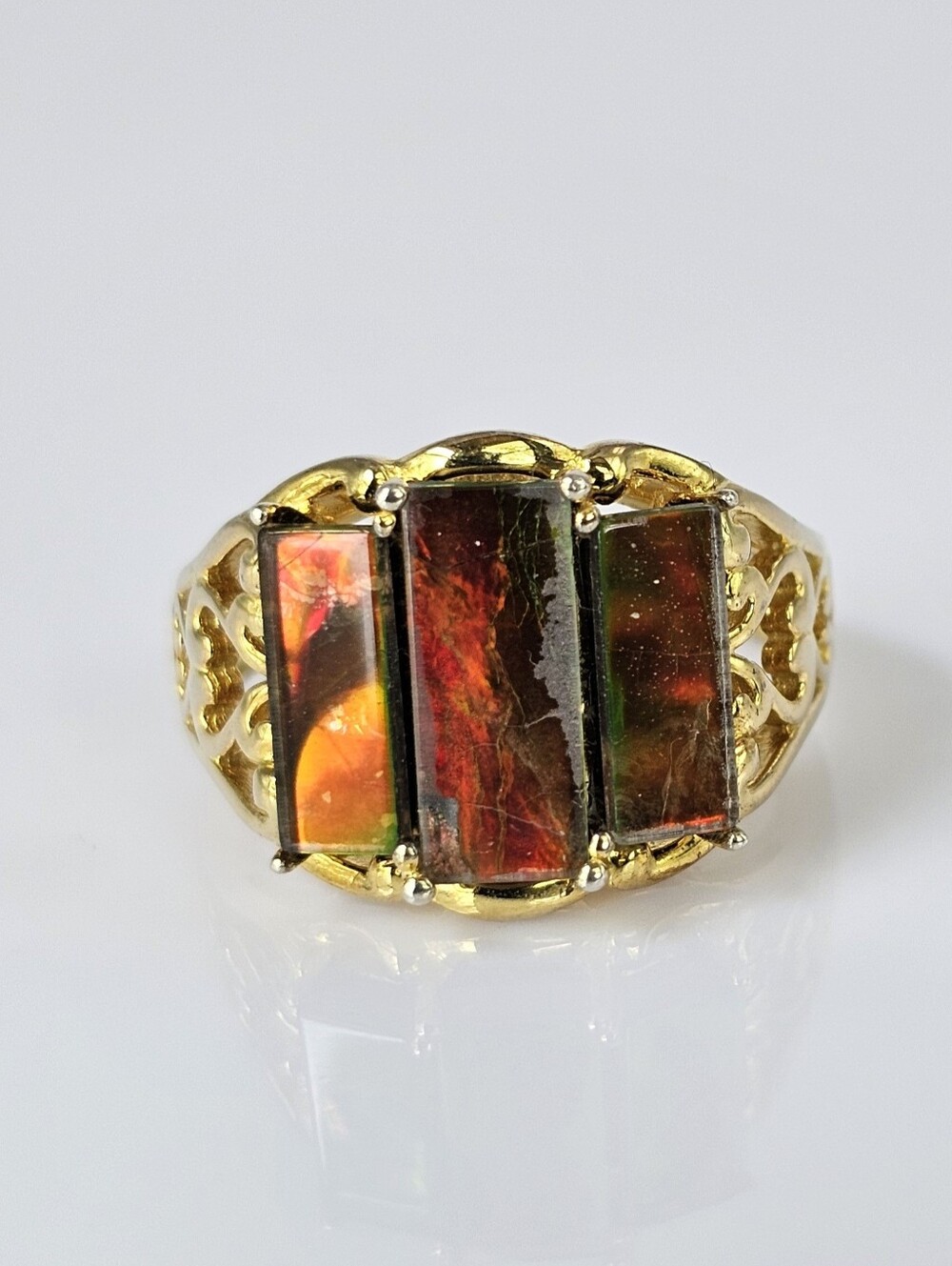 Natural Rare Ammolite 18K Yellow Gold Vermeil Ring Size 8!